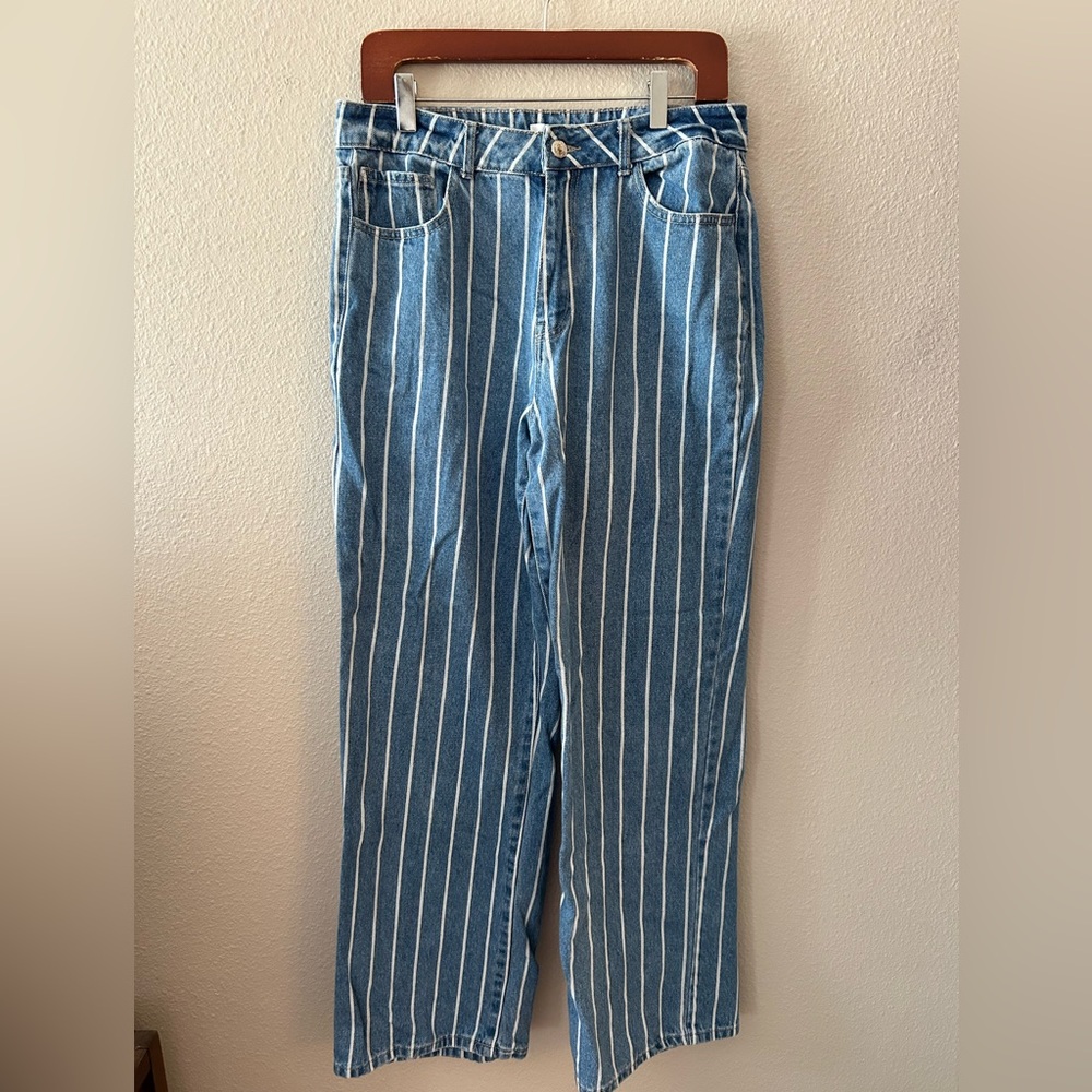 High Waisted Striped Blue Jeans